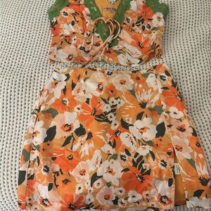 Floral Orange and Green Skirt Set